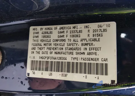 2010 Honda Accord 2.4 Lx из США, поврежденный, VIN 1HGCP2F37AA128304